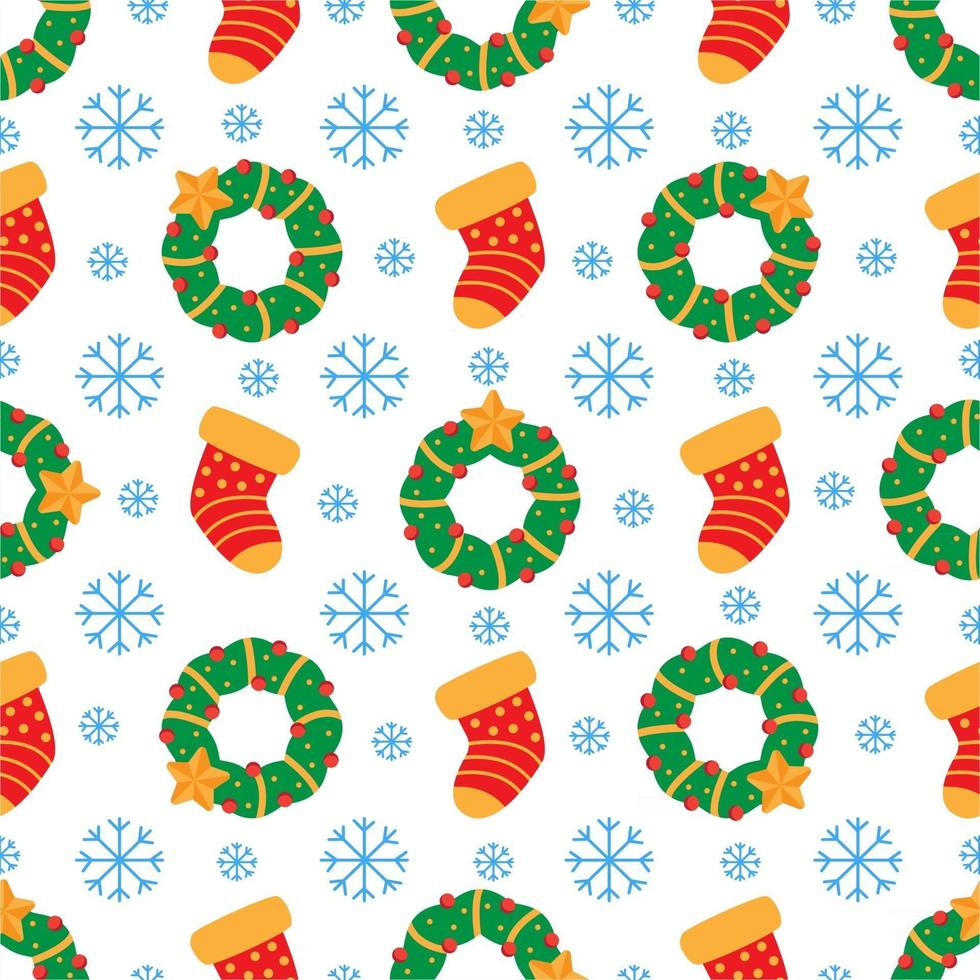 Bright Christmas seamless pattern with wreath and sock. vector