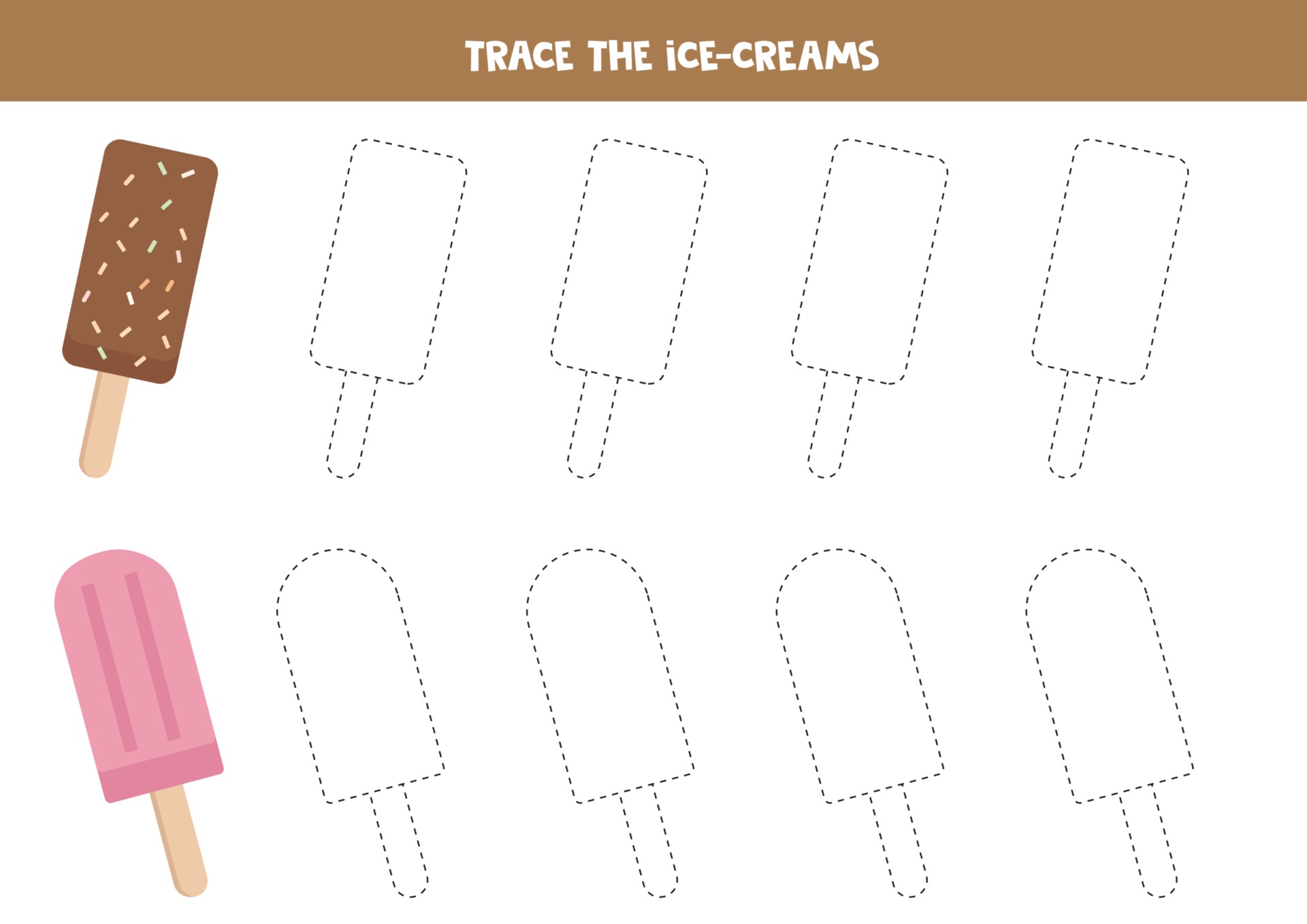 Educational worksheet for kids. Tracing lines, trace ice creams