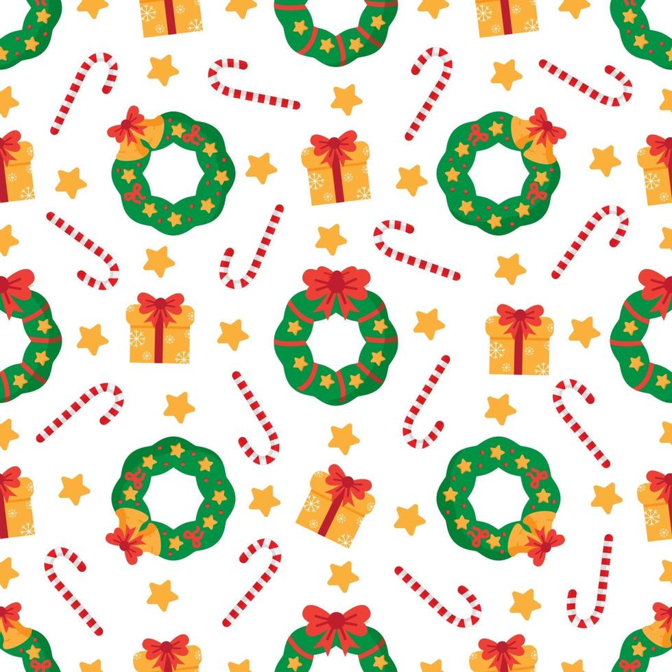 Cute seamless pattern with Christmas wreaths and present boxes. vector
