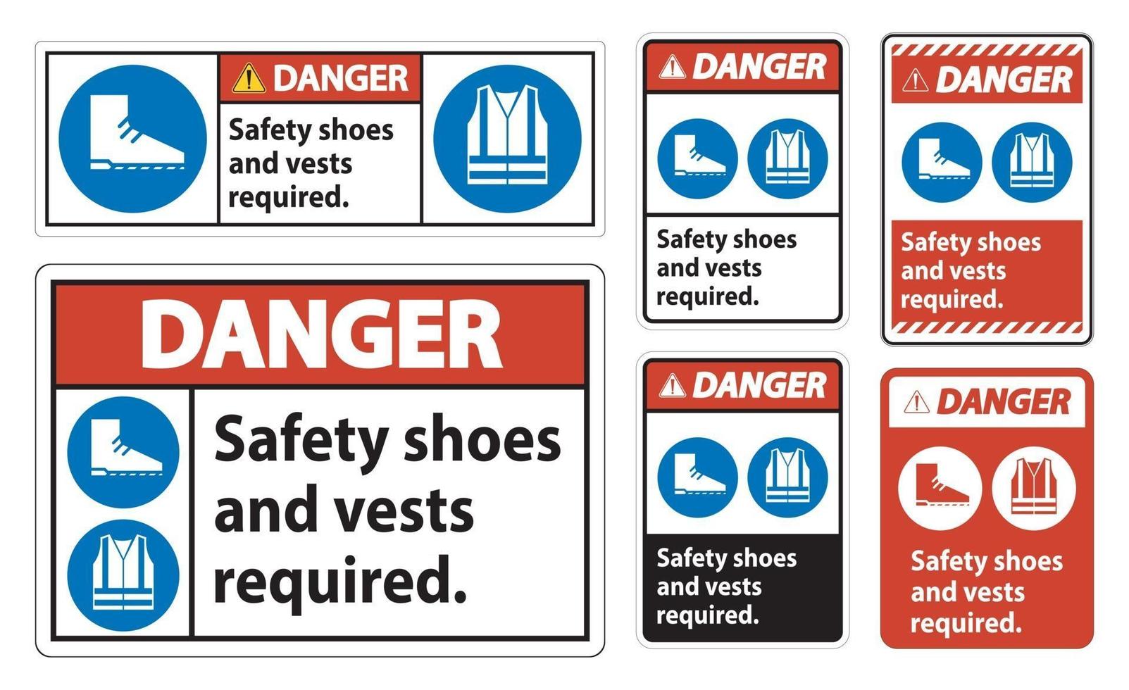 Señal de peligro, se requieren zapatos y chaleco de seguridad con símbolos de ppe sobre fondo blanco. vector