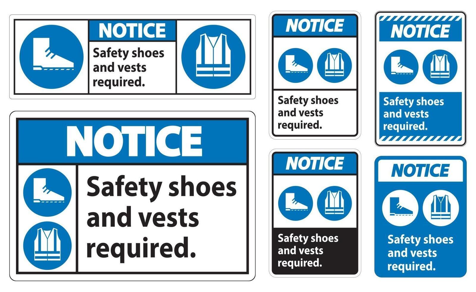 Notice Sign Safety Shoes And Vest Required With PPE Symbols on white background vector