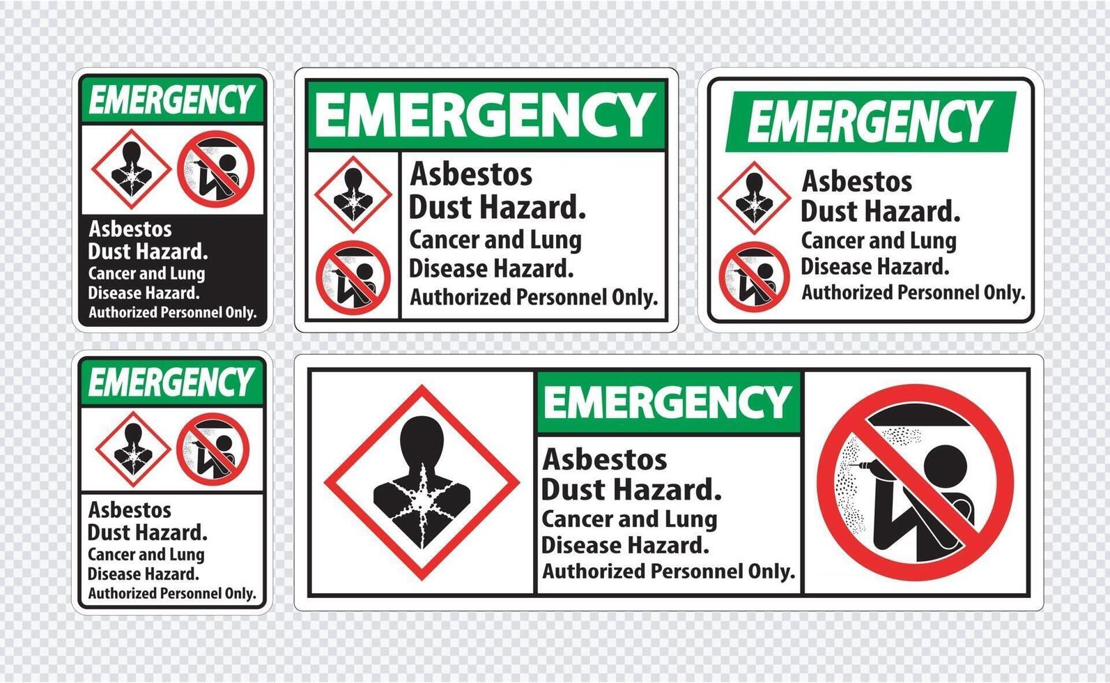 etiqueta de seguridad de emergencia, peligro de polvo de asbesto, peligro de cáncer y enfermedad pulmonar solo personal autorizado vector