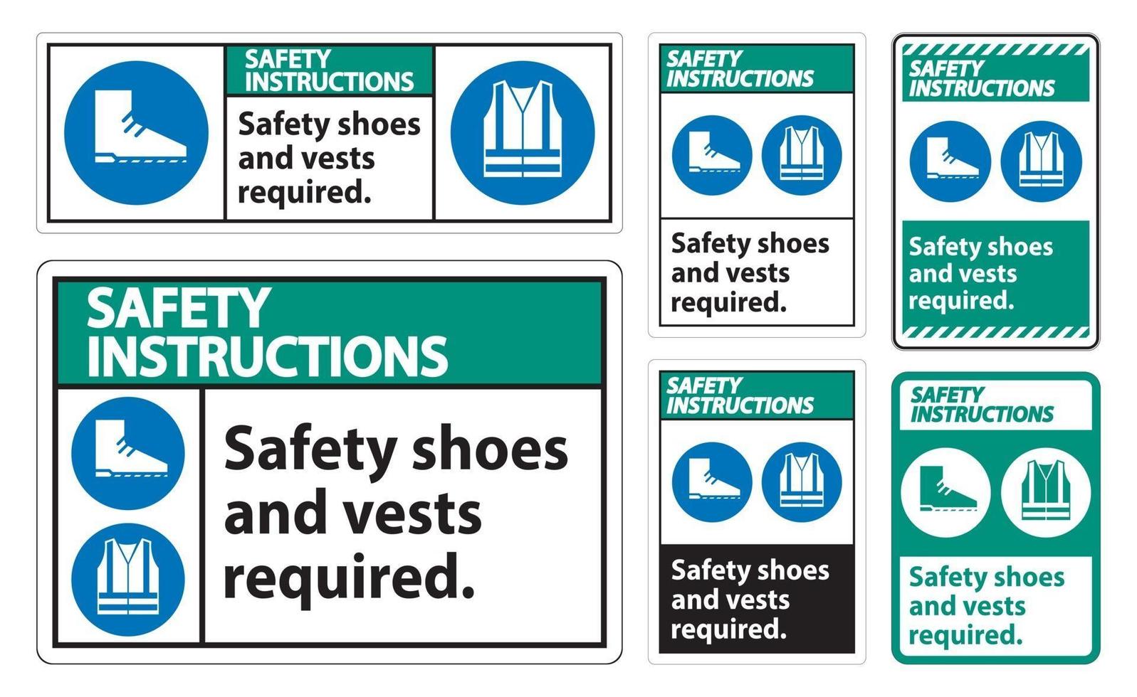 instrucciones de seguridad firman zapatos de seguridad y chaleco requeridos con símbolos de ppe sobre fondo blanco, ilustración vectorial vector