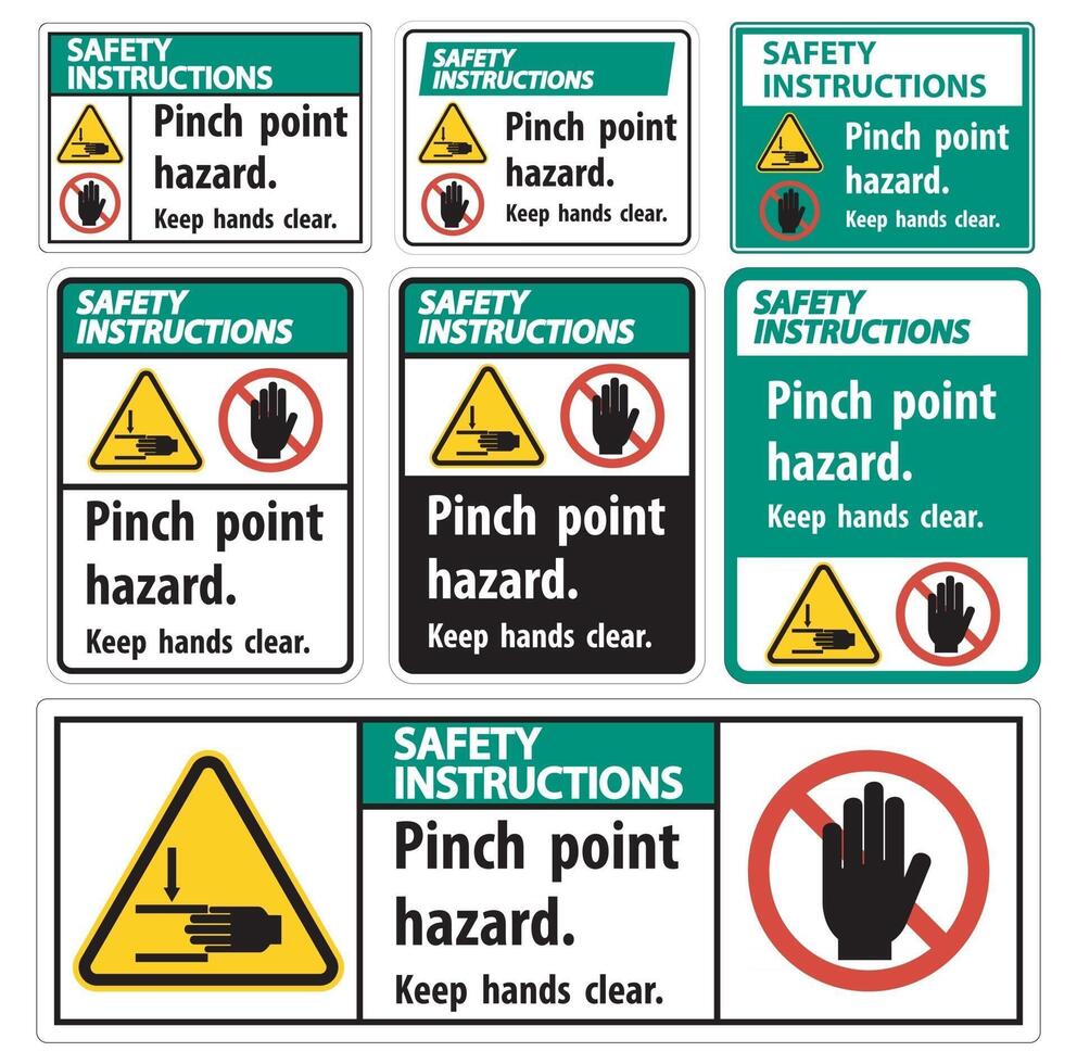 Instrucciones de seguridad peligro de punto de pellizco, mantenga las manos claras símbolo signo aislado sobre fondo blanco, ilustración vectorial vector