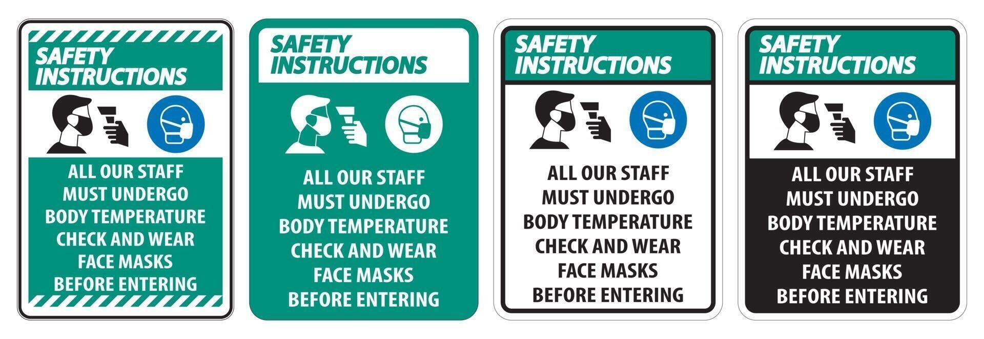 Safety Instructions Staff Must Undergo Temperature Check Sign on white background vector