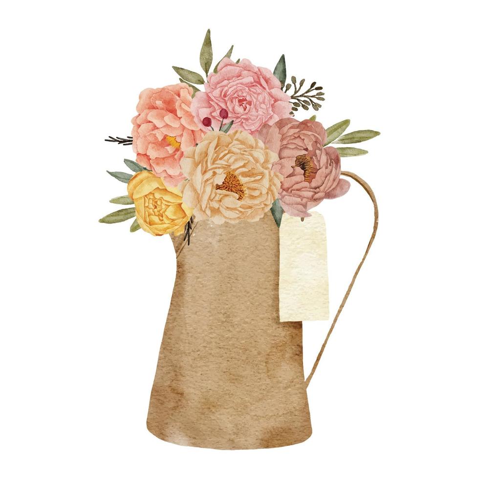 watercolor peony flower arrangement on teapot bouquet vector