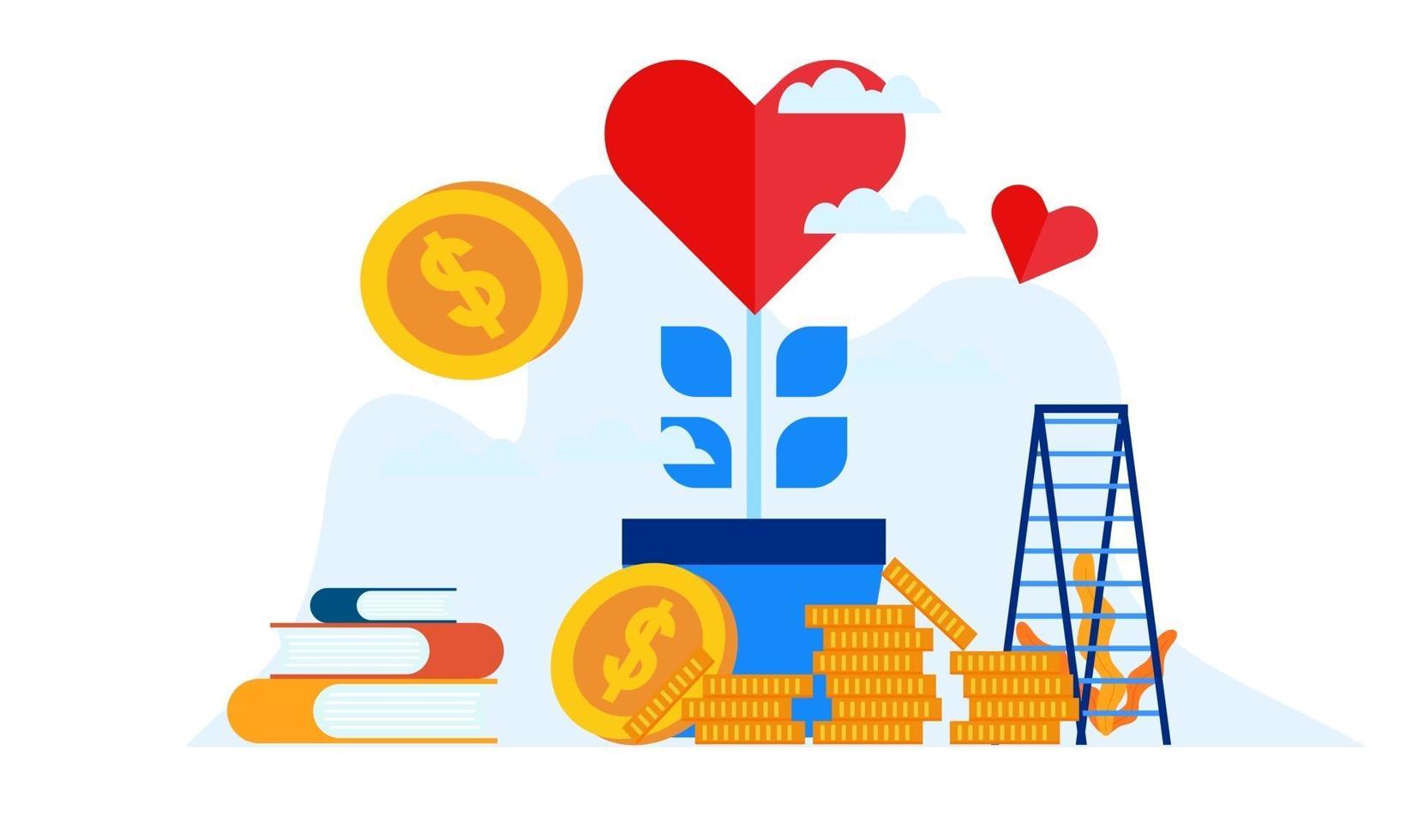 HEART FLOWERING DONATION TREE WITH MINI PEOPLE FLAT ILLUSTRATION DESIGN vector