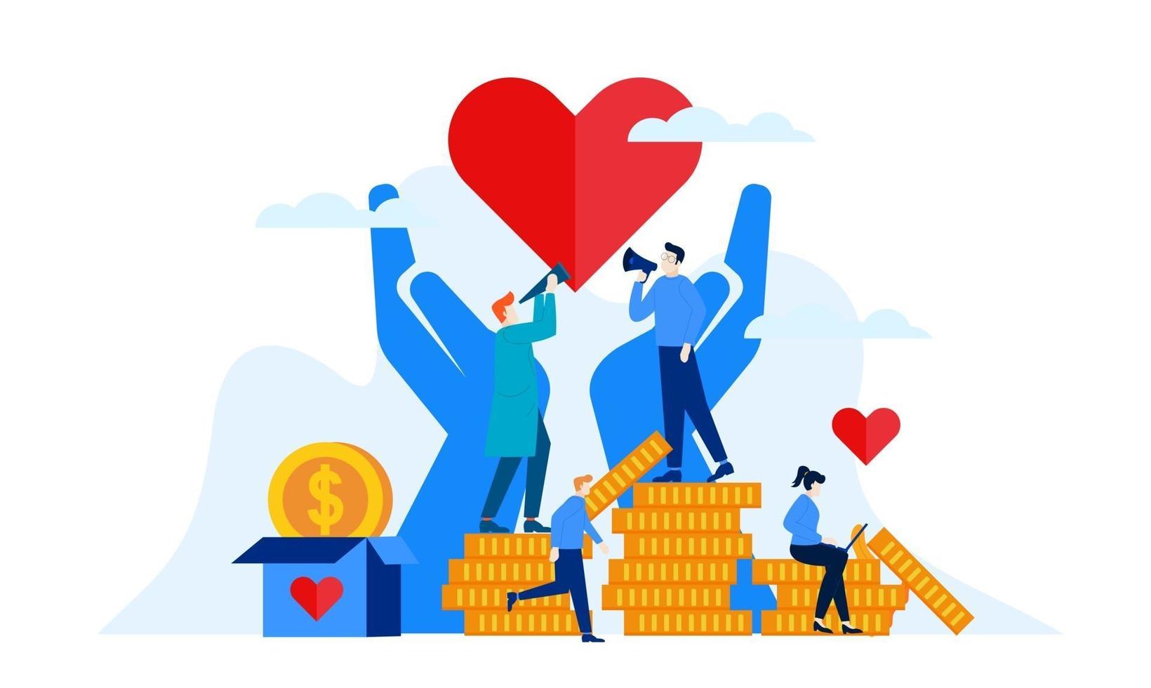 donation day charity with big heart and big hands flat illustration design vector