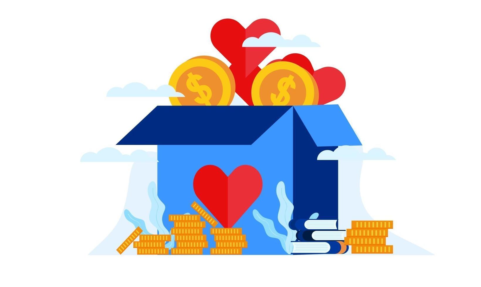 donation box humanity charity with big heart gift box flat illustration design vector