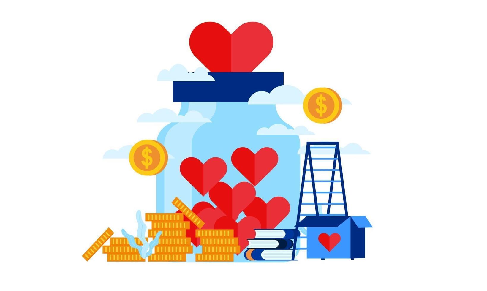donation jar charity with big heart flat illustration design vector