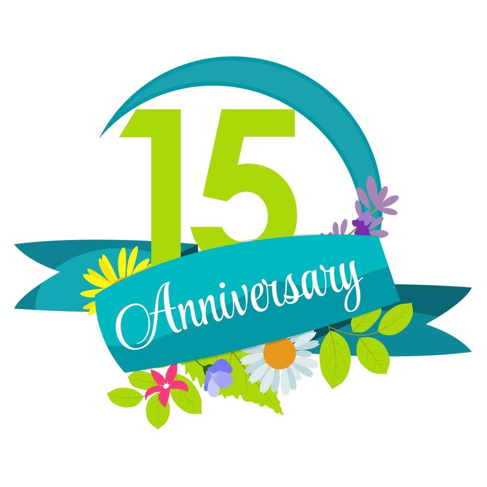 Cute Nature Flower Template 15 Years Anniversary Sign Vector Illustration