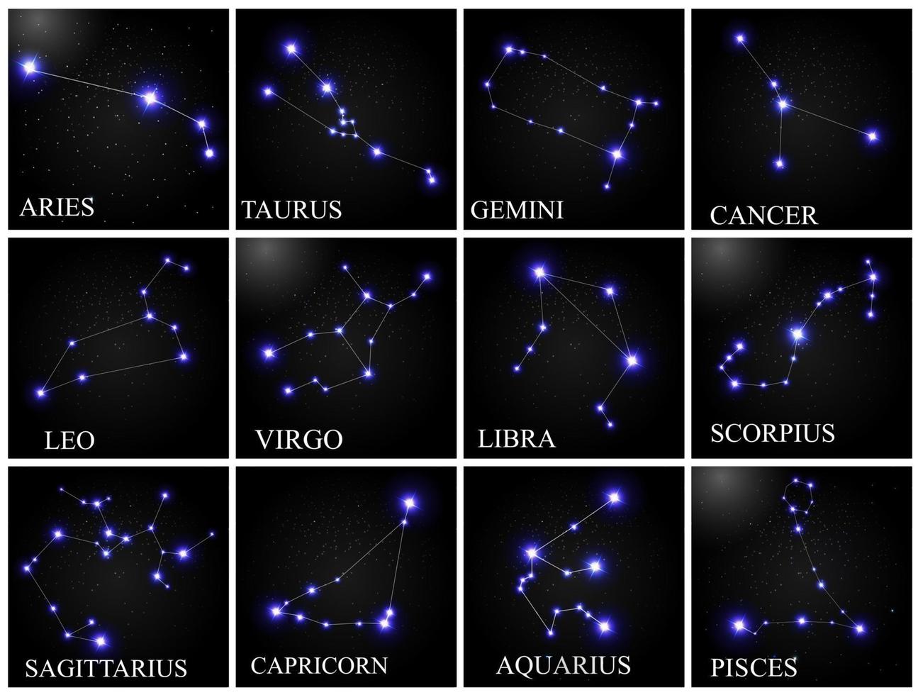 Conjunto de signo del zodíaco con hermosas estrellas brillantes en el fondo de la ilustración de vector de cielo cósmico