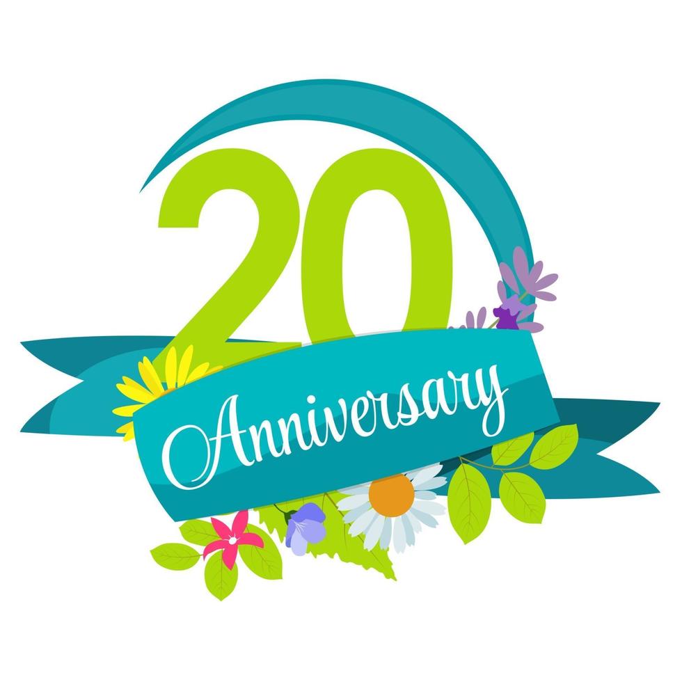 Cute Nature Flower Template 20 Years Anniversary Sign Vector Illustration