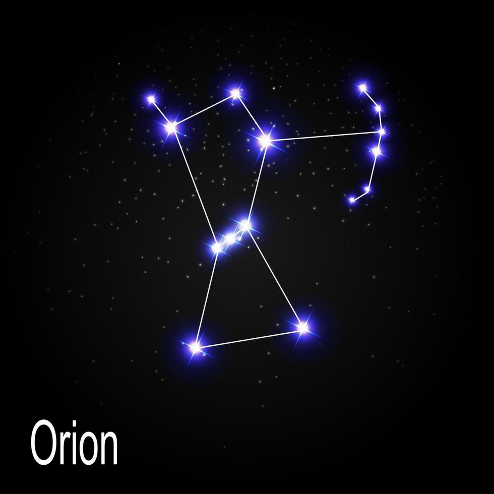 Constelación de Orión con hermosas estrellas brillantes en el fondo de la ilustración de vector de cielo cósmico