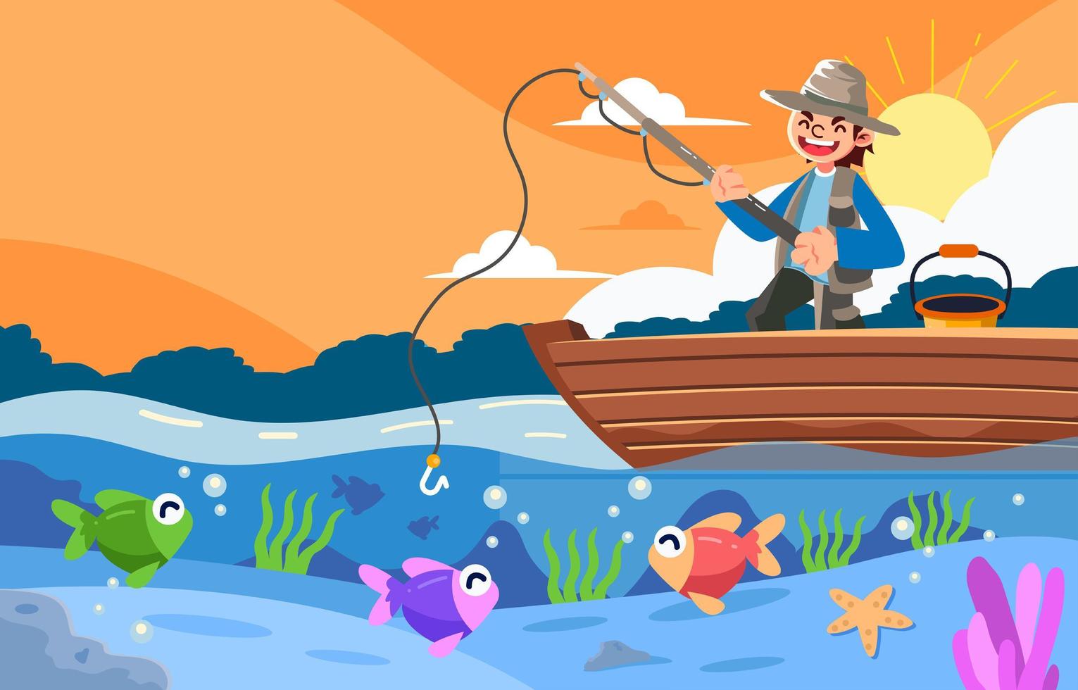 pesca de verano por la tarde vector