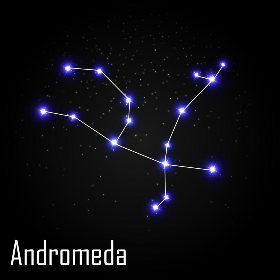 Constelación de Andrómeda con hermosas estrellas brillantes en el fondo de la ilustración de vector de cielo cósmico