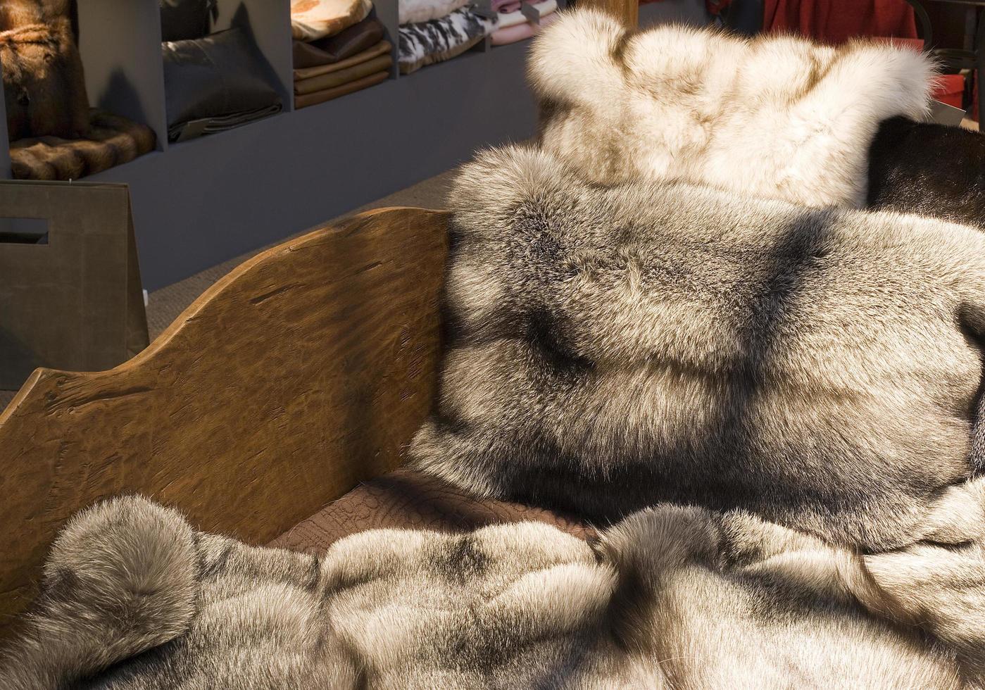 Covers of natural fox furs in decoration on a wooden sofa photo