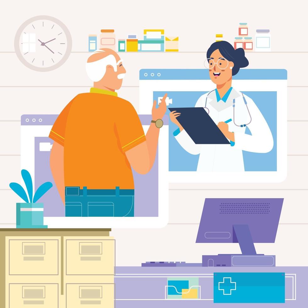 Patient and Doctor Meeting Virtually Discussing Medicine Concept vector