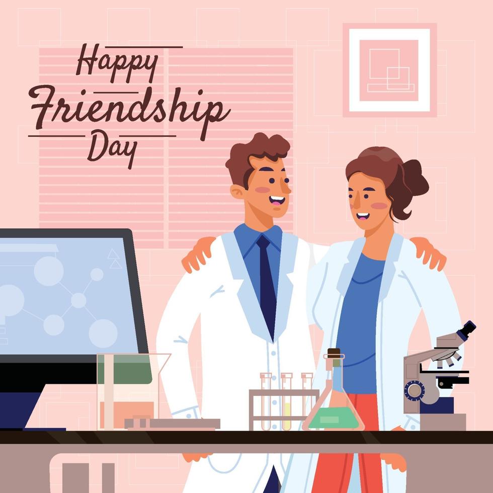 Scientists Celebrate Friendship Day in Laboratory Concept vector