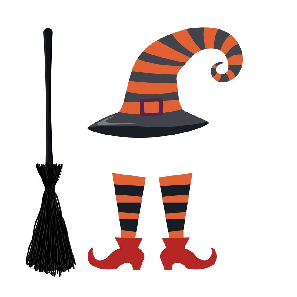 witch outfit, hat shoes and broom for halloween, cartoon style, isolated vector