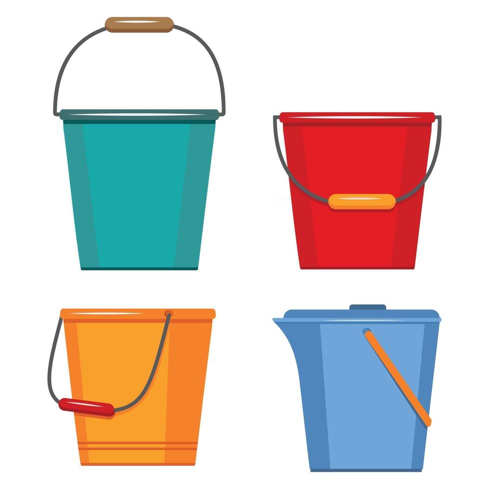 Set of insulated containers for washing and cleaning made of plastic, basins bucket bath, vector in flat style