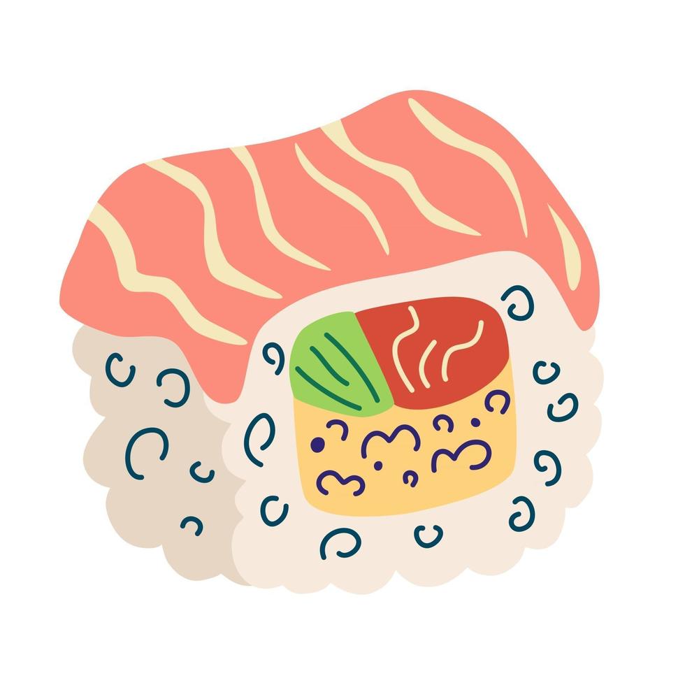 Philadelphia roll. Sushi roll with salmon, rice, avocado and cheese. Maki sushi roll. Traditional Japanese food for stickers, web, site, menu, store, restaurant, icons. Vector flat illustration