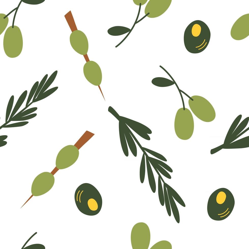 Seamless pattern with olives. Colorful cartoon green olives background. Perfect for restaurants and bars, martini events, organic cosmetics, olive oil companies, flyers and menus. Vector illustration