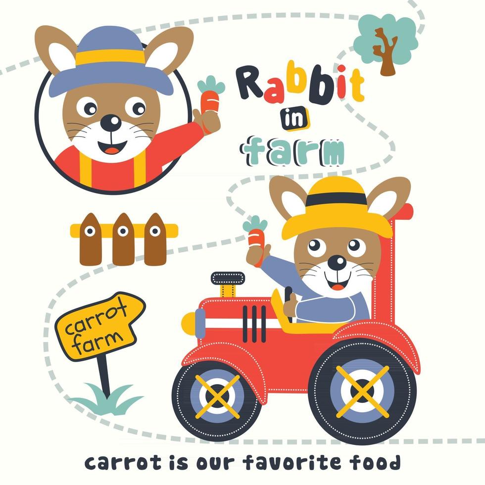 rabbit and tractor in the farm funny cartoon vector