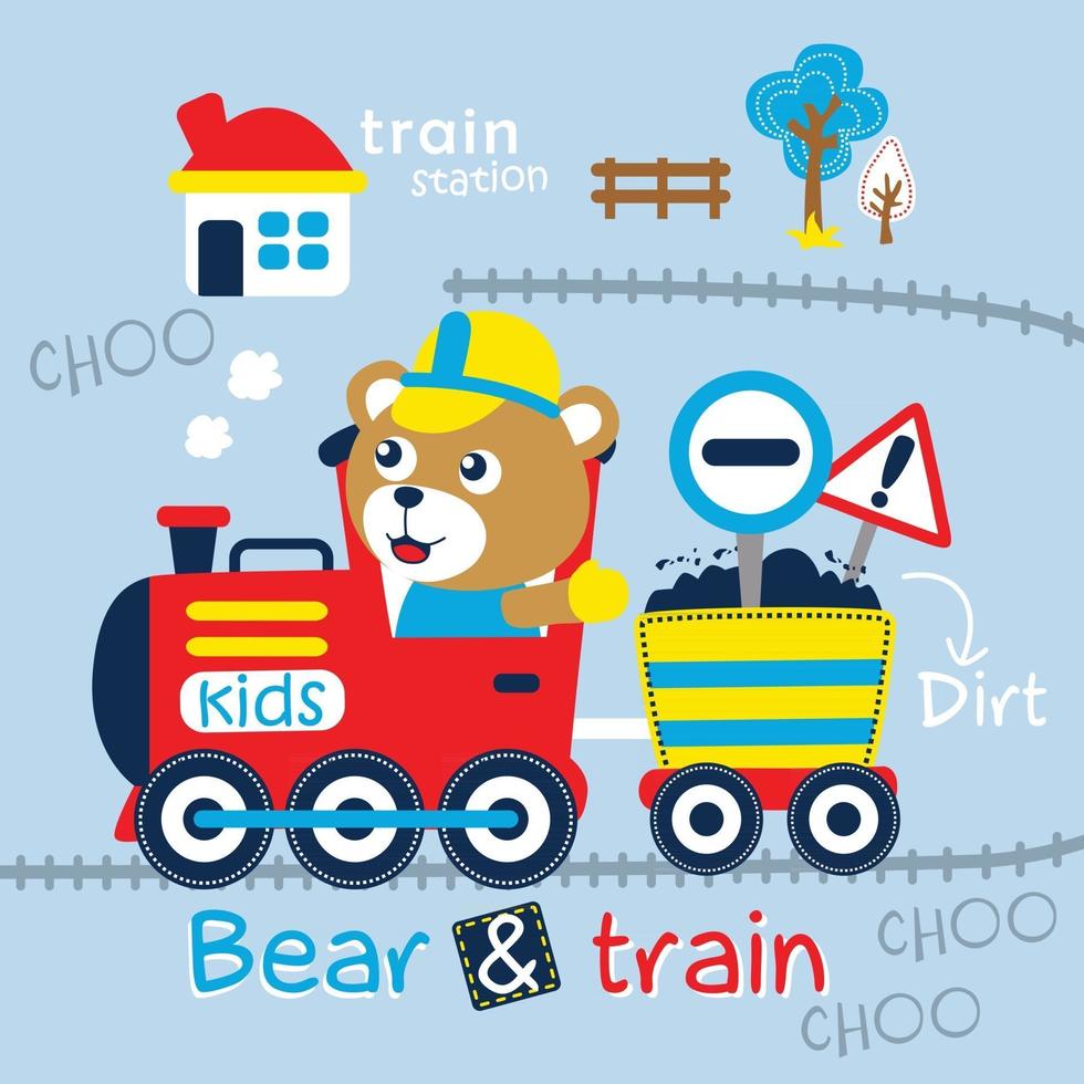 bear and train funny cartoon vector