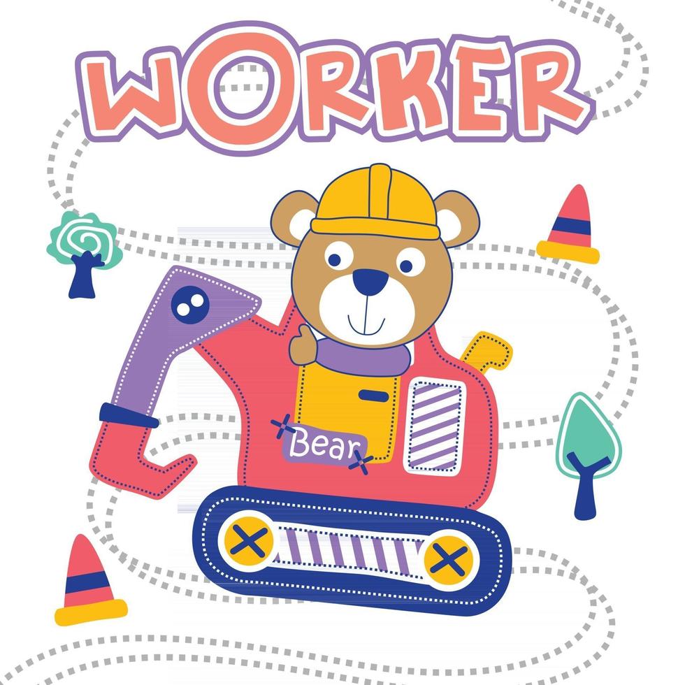 bear and excavator funny cartoon vector