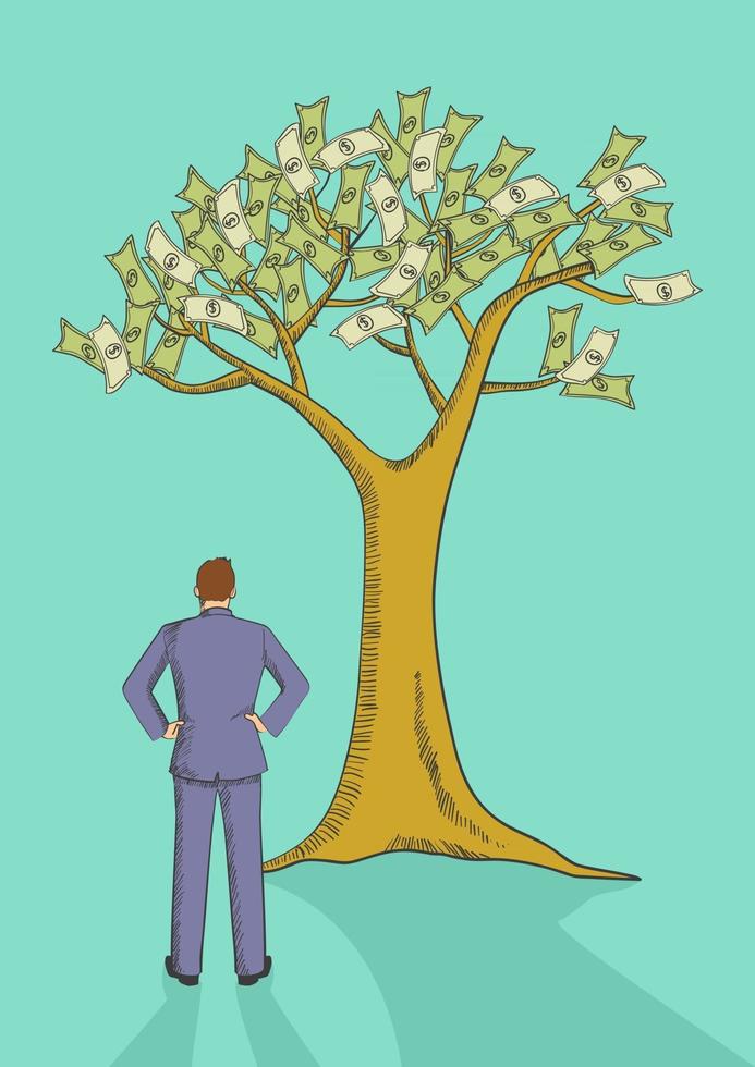 Cartoon illustration of a man looking at money tree vector
