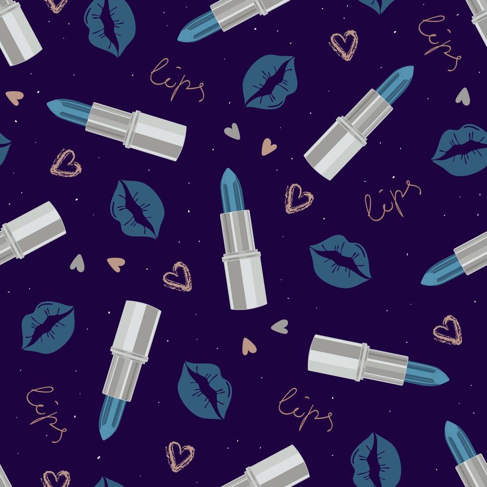 Glamorous fashion seamless pattern with lipstick and kisses in cool silver tones. Cosmetic seamless pattern in modern fashionable colors. Design for beauty, advertising, Valentines Day. Vector