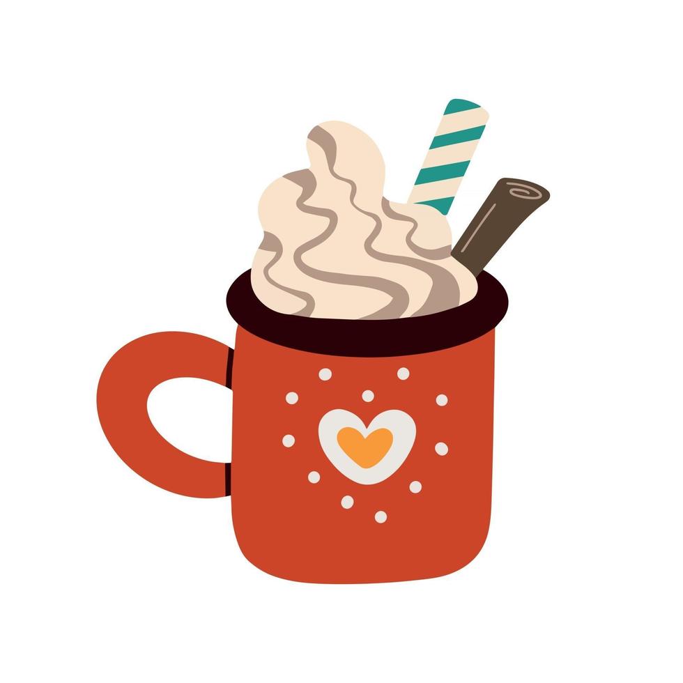 Ilustración vectorial de taza roja con delicioso chocolate caliente con crema batida servido con canela y paja rayada como dulce tradicional de Navidad vector