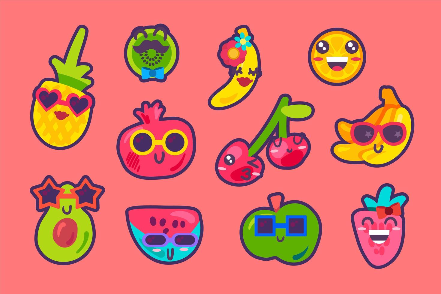 vector de conjunto de colección de emoción emoji de frutas de verano
