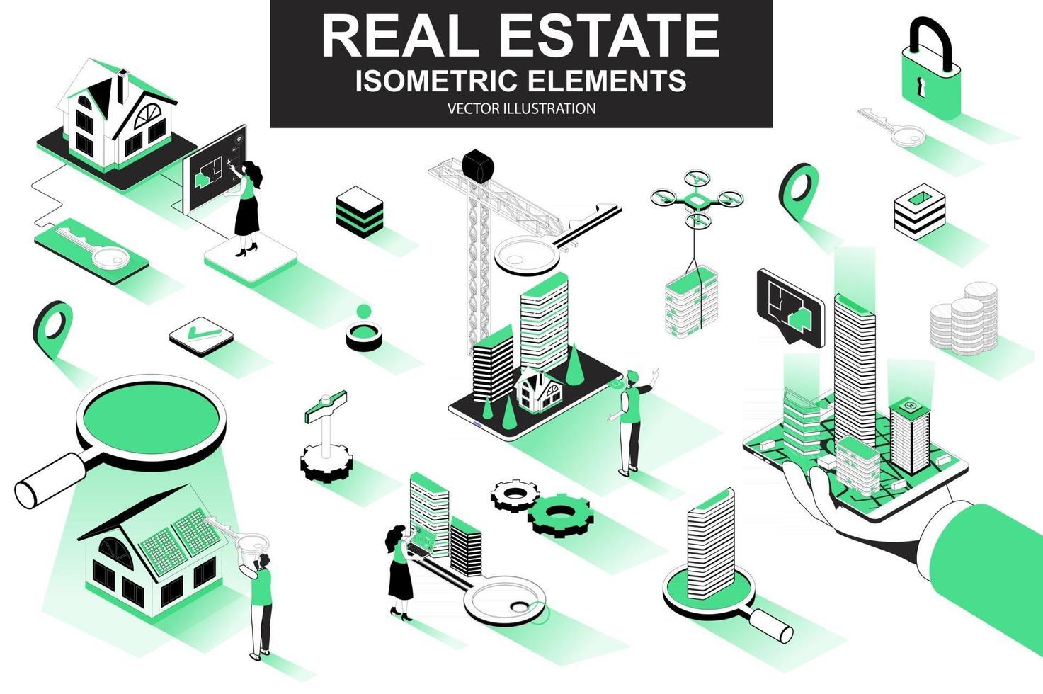 Real estate bundle of isometric elements vector