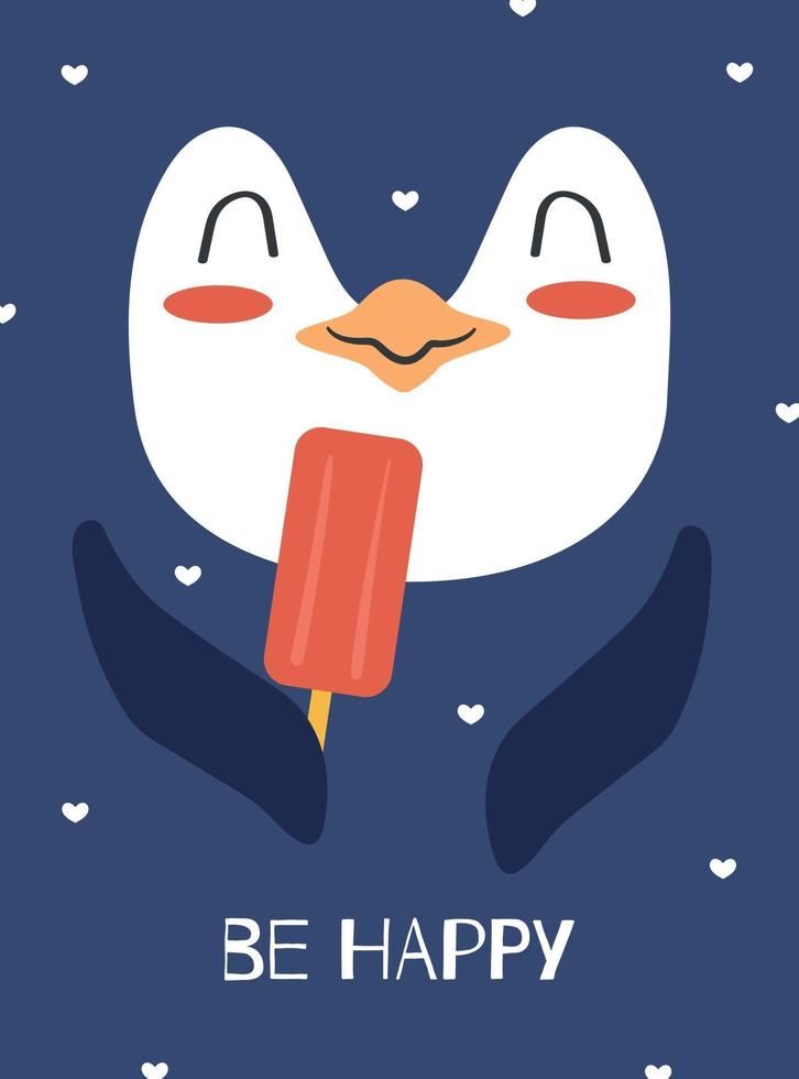 Cartoon baby card with a cute penguin face holding ice cream in his paws. Vector flat illustration for kids