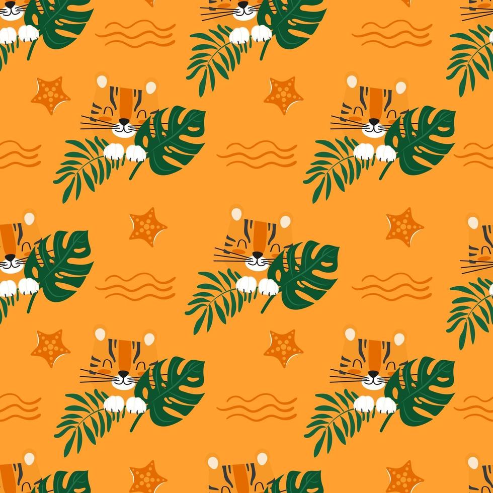 Summer seamless pattern with cute tiger in green leaves on the background of a sandy beach with starfish. Cartoon vector illustration for children