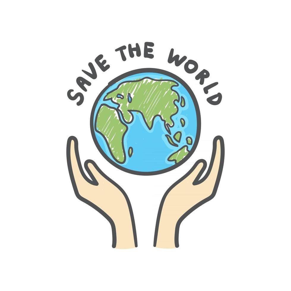 Save the world, Globe and hands doodle. Earth icon hand-drawn on white background. vector