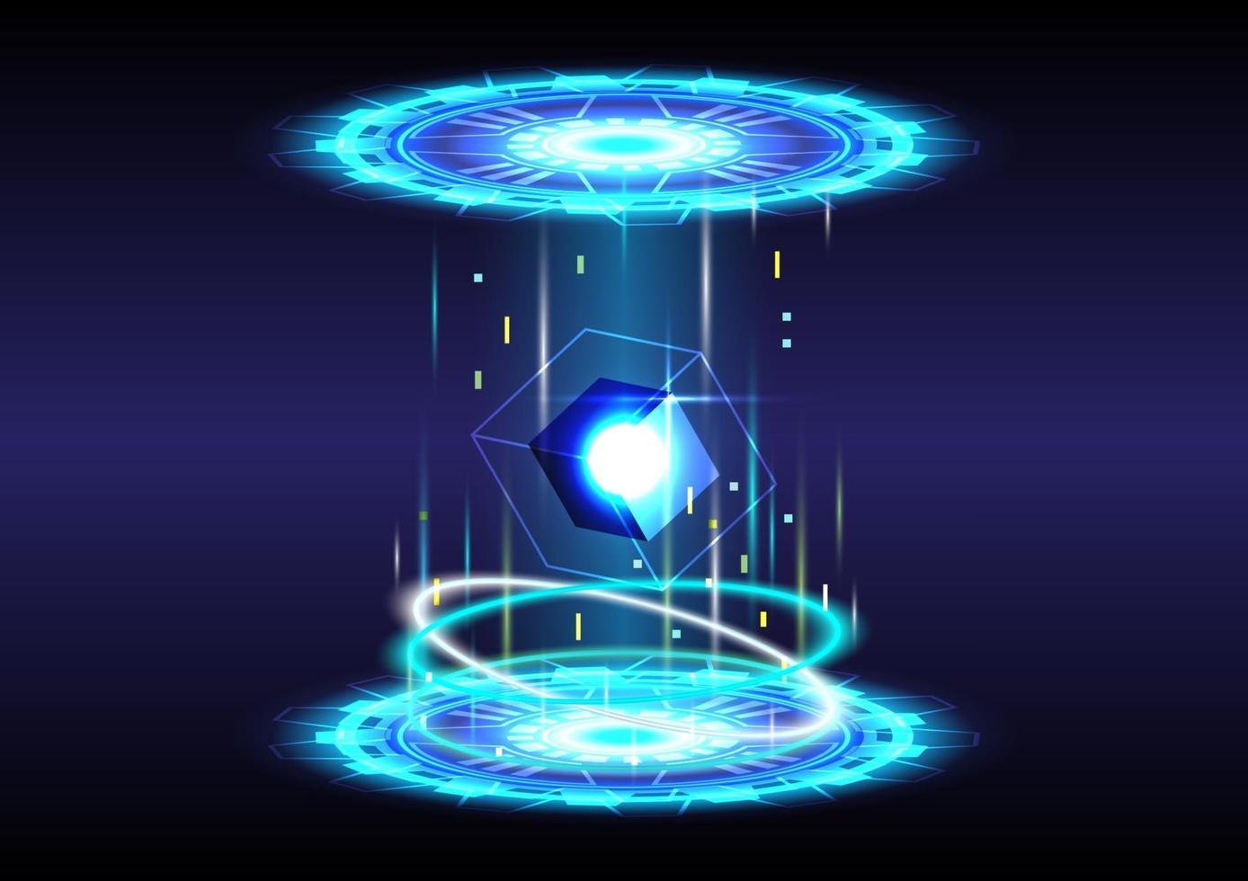 3D cube. Abstract background. Portal and hologram science futuristic. Sci-fi digital hi-tech collection in glowing HUD. Magic gate in game fantasy. Circle teleport podium. GUI, UI virtual reality vector