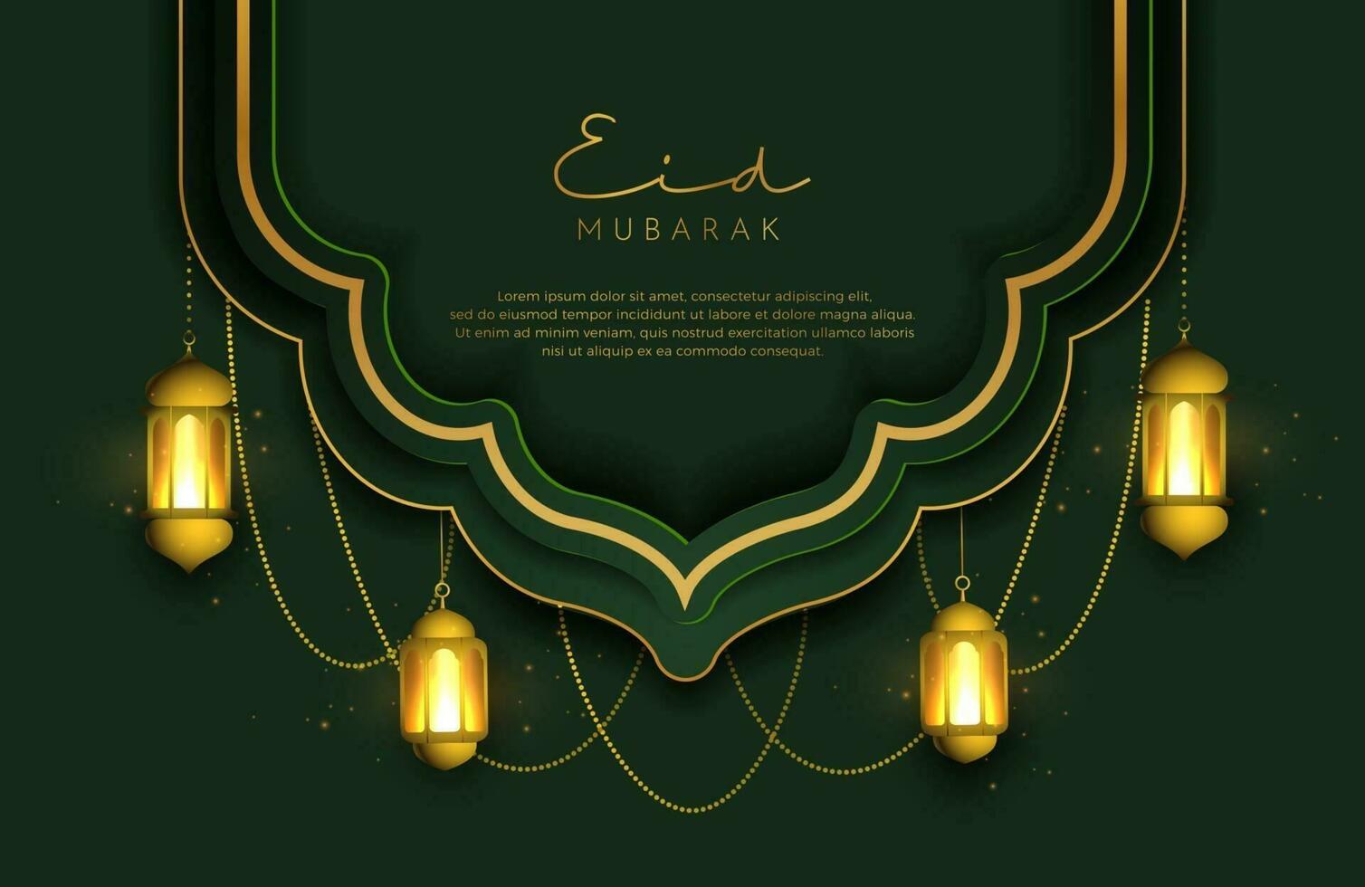 Fondo de eid mubarak en estilo de lujo ilustración vectorial de diseño árabe verde oscuro con linterna dorada o fanoos para celebraciones del mes sagrado islámico vector