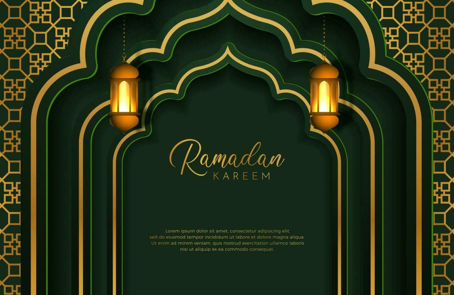 Fondo de eid mubarak en estilo de lujo ilustración vectorial de diseño árabe verde oscuro con linterna dorada o fanoos para celebraciones del mes sagrado islámico vector