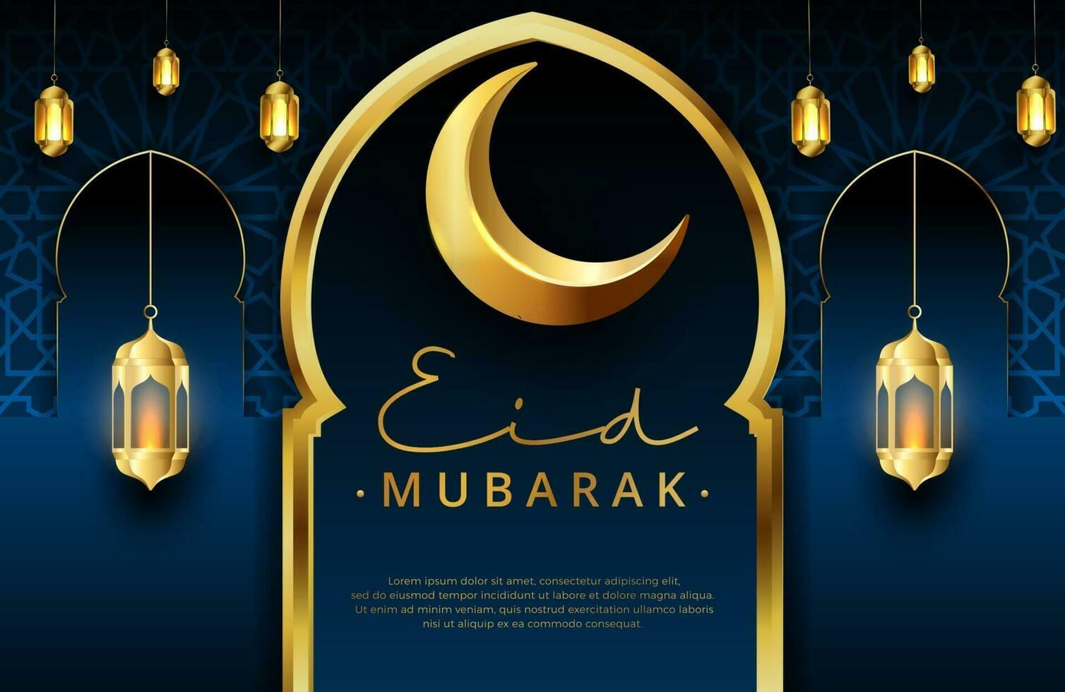 Fondo de eid mubarak en estilo de lujo ilustración vectorial de diseño islámico verde oscuro con linterna dorada y luna creciente para celebraciones del mes sagrado islámico vector