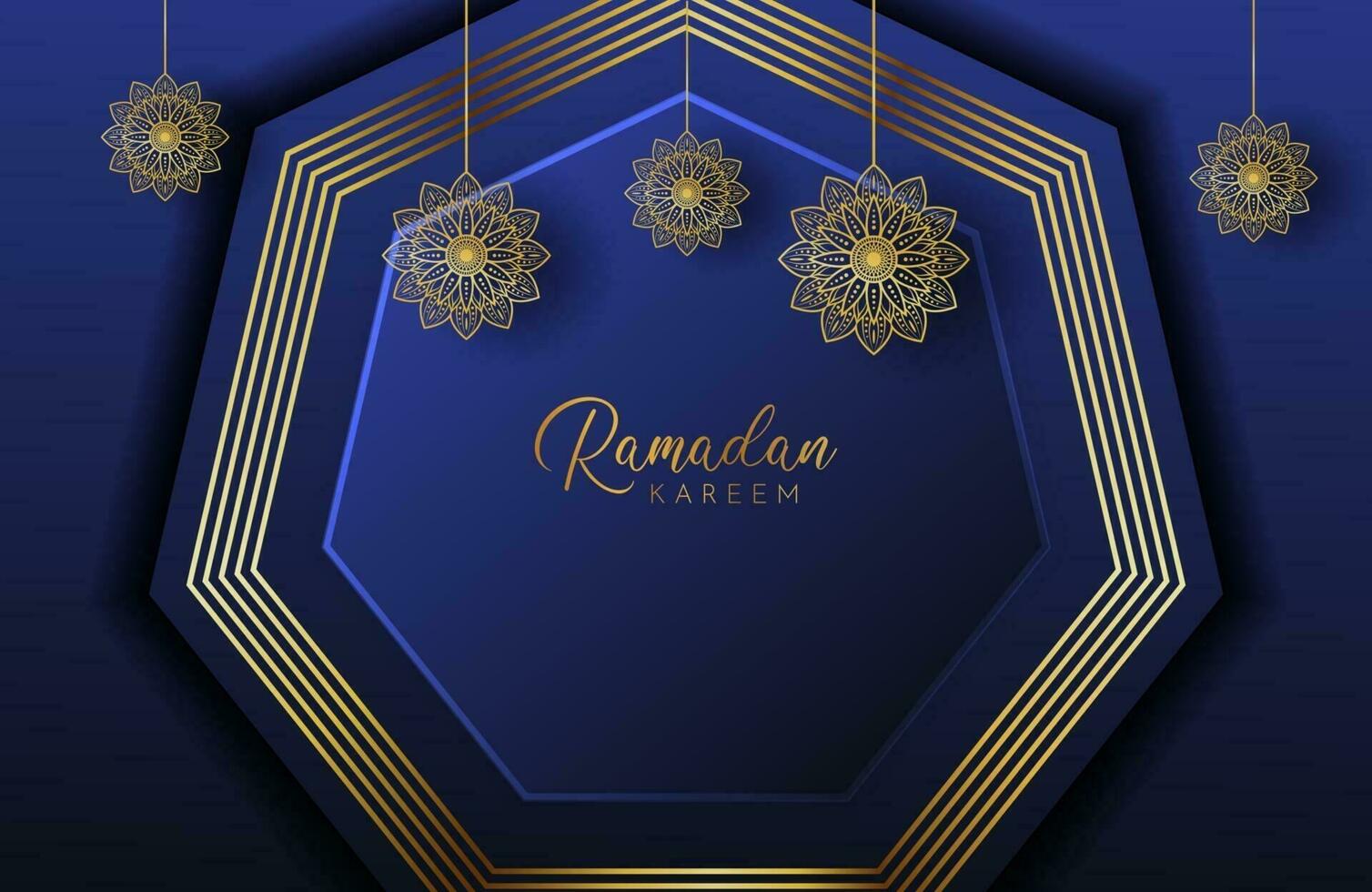 Fondo de Ramadán Kareem con mandala de oro y forma hexagonal en la ilustración de vector azul marino para celebraciones del mes sagrado islámico