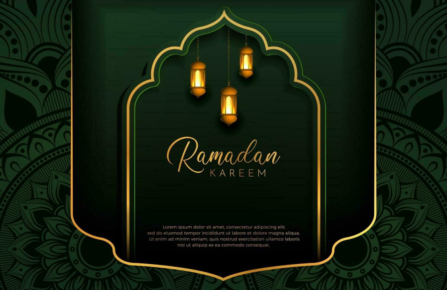 Fondo de Ramadán Kareem con ilustración de vector de estilo de lujo de color dorado y verde para celebraciones del mes sagrado islámico decorado con linterna y mandala arabesco
