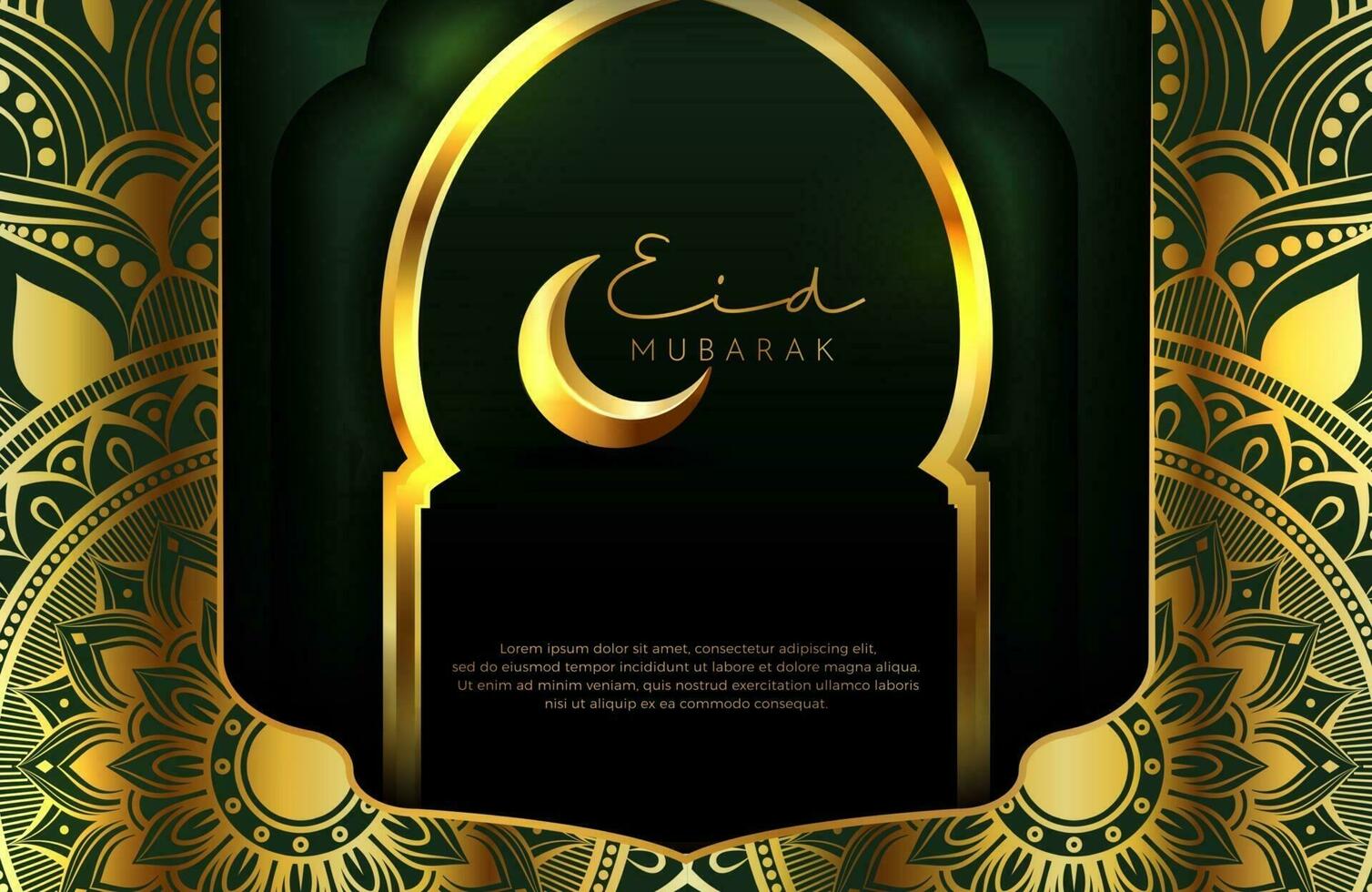 Eid mubarak background in luxury style Vector illustration of dark green islamic design with gold lantern and crescent moon for Islamic holy month celebrations