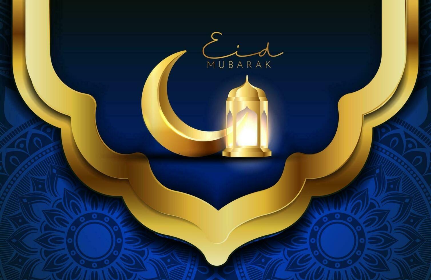 Fondo de eid mubarak en estilo de lujo ilustración vectorial de diseño islámico verde oscuro con linterna dorada y luna creciente para celebraciones del mes sagrado islámico vector