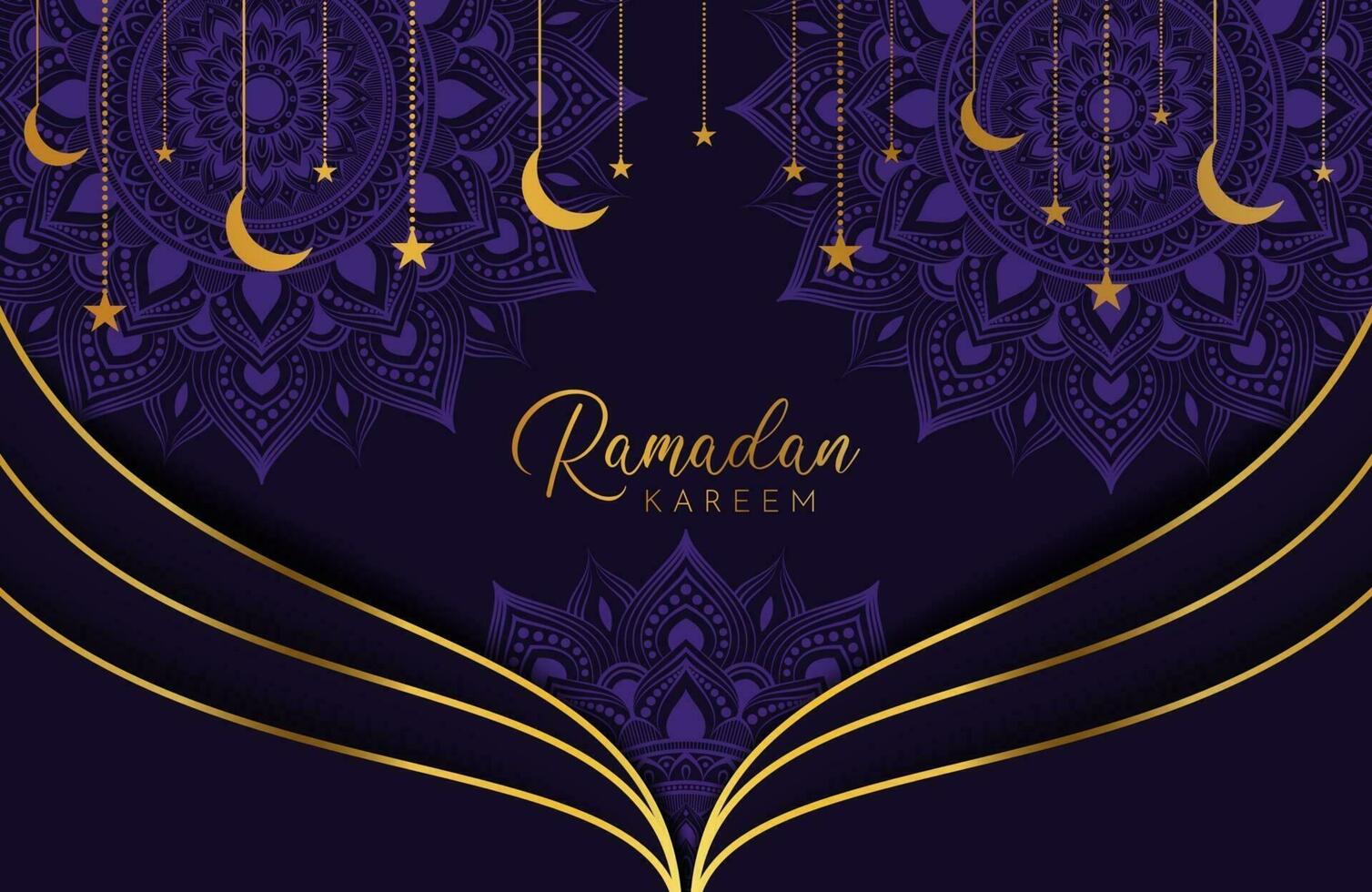 Ramadan kareem background with gold moon and stars on purple Vector illustration for Islamic holy month celebrations
