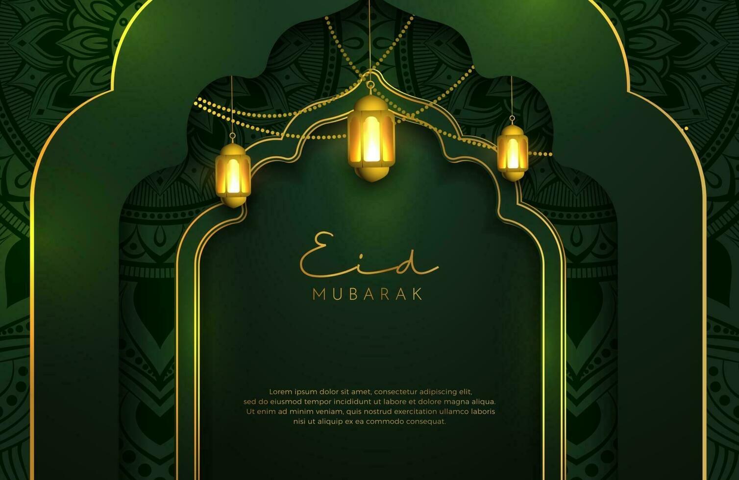 Fondo de eid mubarak en estilo de lujo ilustración vectorial de diseño árabe verde oscuro con linterna dorada o fanoos para celebraciones del mes sagrado islámico vector