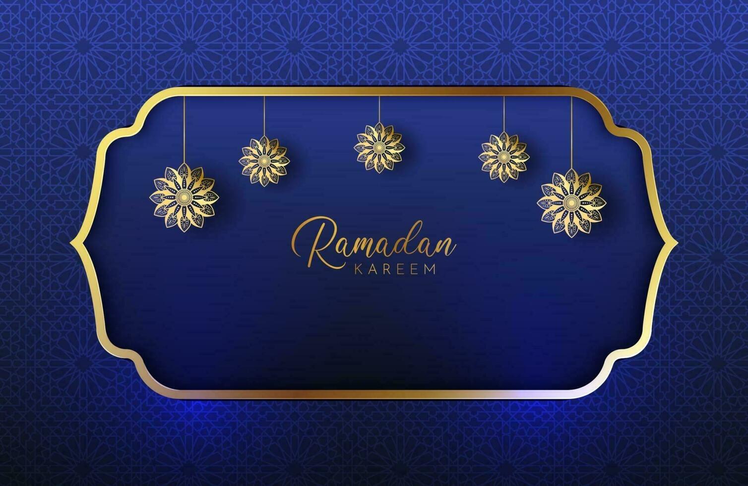 Ramadan Kareem background with gold and blue color luxury style Vector illustration for Islamic holy month celebrations decorated with moon and mandala arabesque