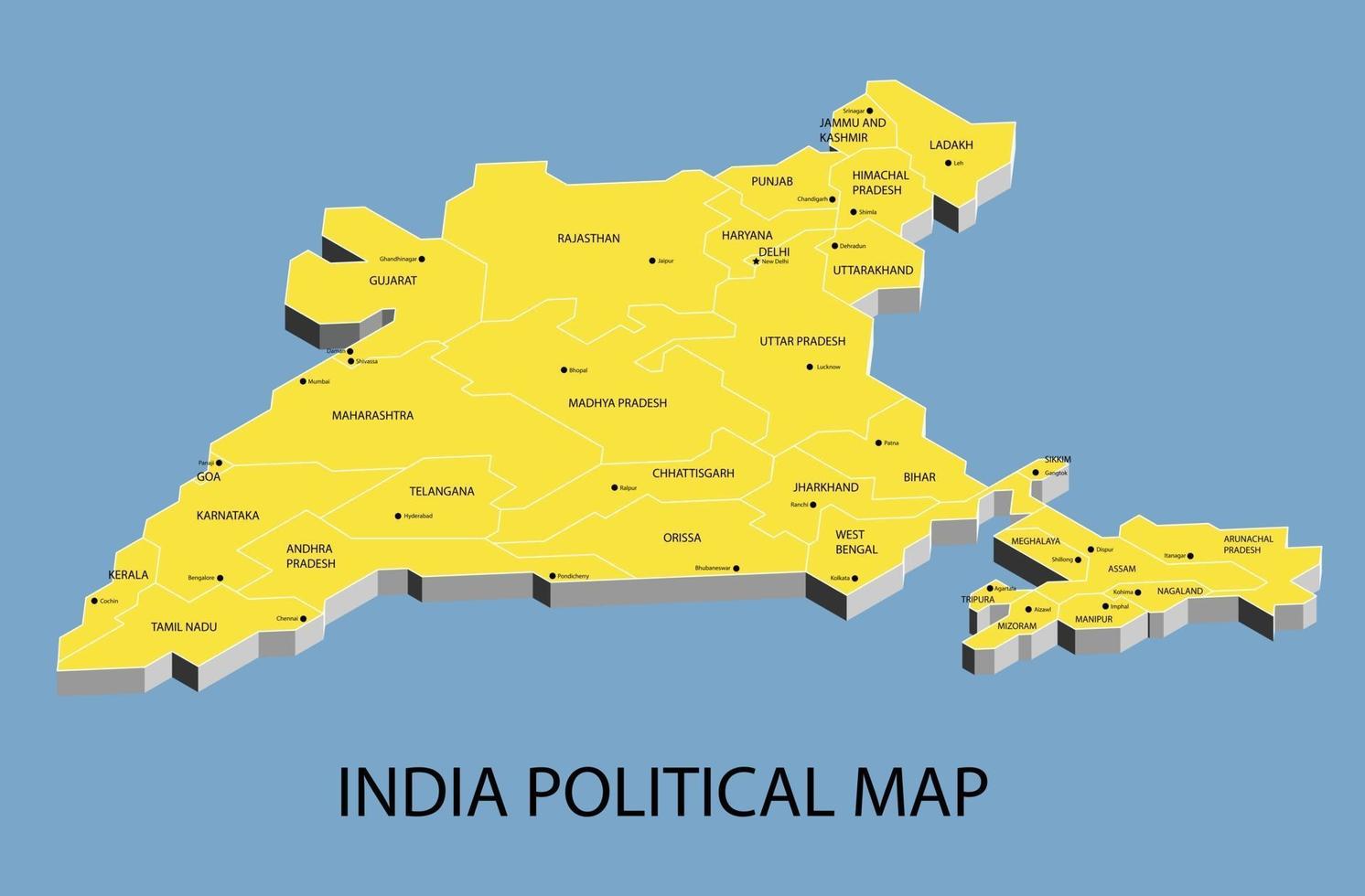 india mapa político isométrico dividir por estado vector
